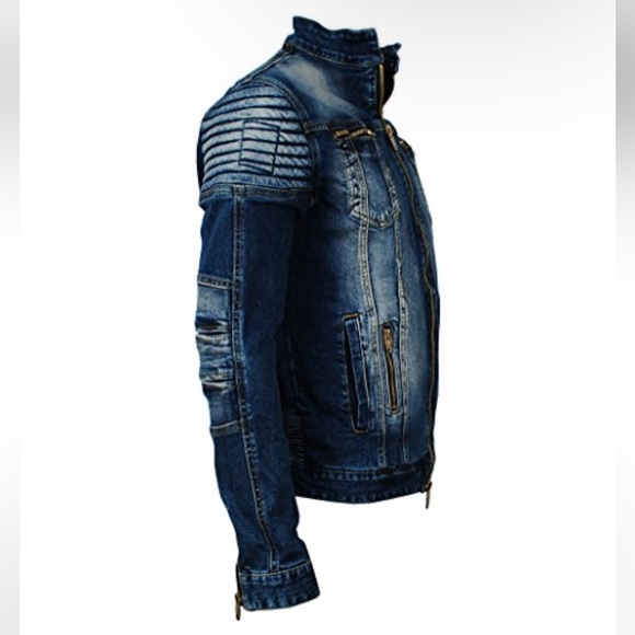 ANGEL COLA Men’s Biker Slim Fit Distressed Washed Blue Denim Jacket $234 EUC M - Picture 14 of 16